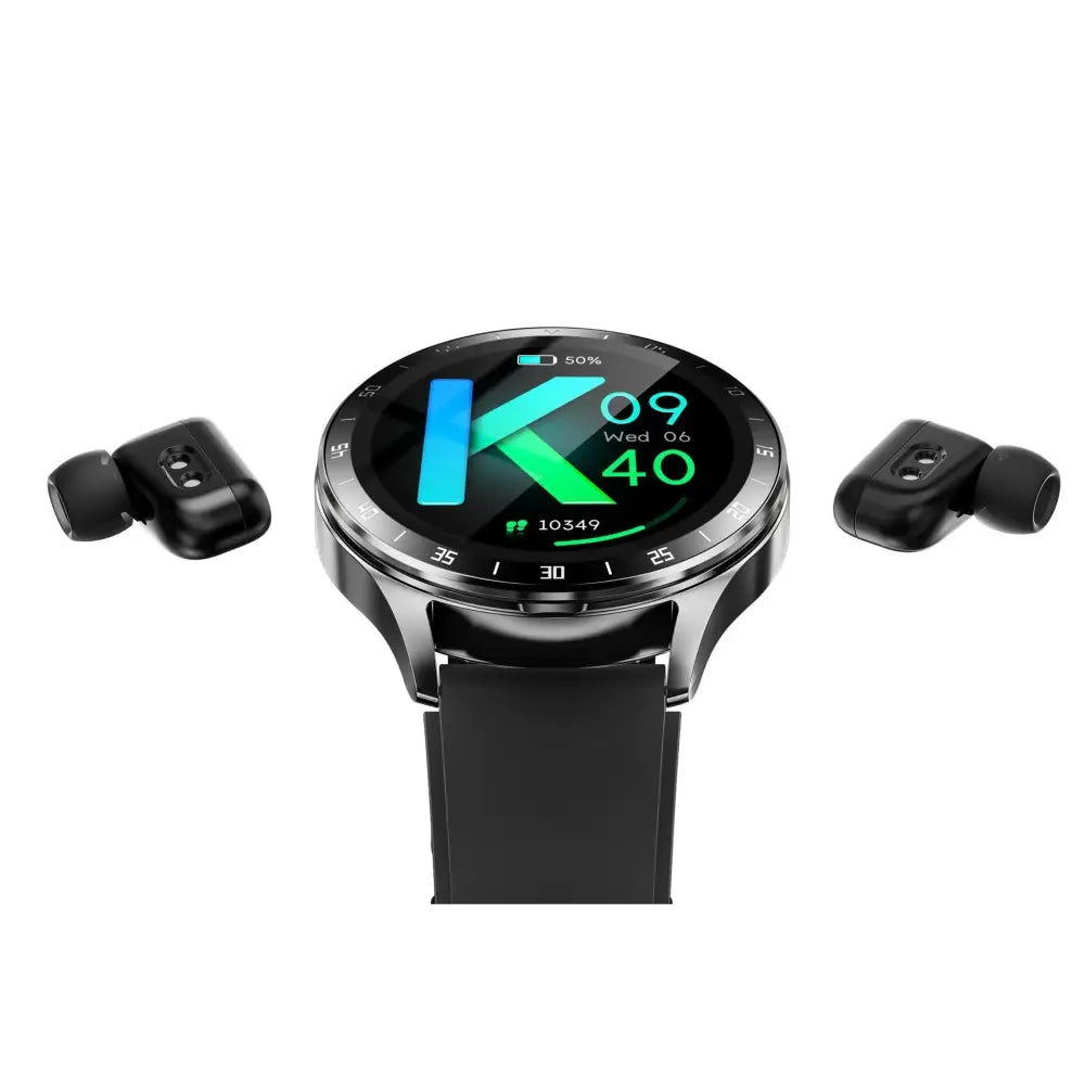 Black x10 flip smartwatch with circular touchscreen display and matching wireless earbuds featuring integrated Bluetooth