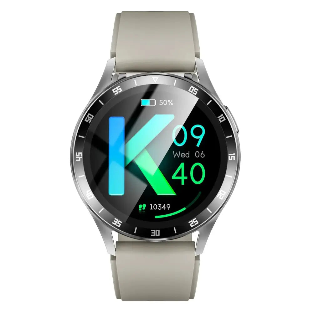 A sleek silver-framed X10 Flip smart watch with beige silicone strap and vibrant digital display showing time date and battery level