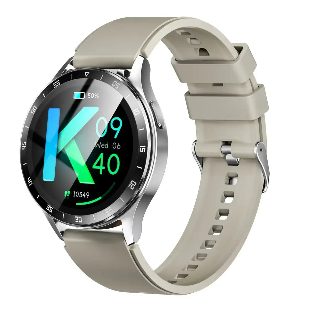 Beige silicone strap x10 flip smart watch with silver metallic case and circular touchscreen display with bluetooth earbuds