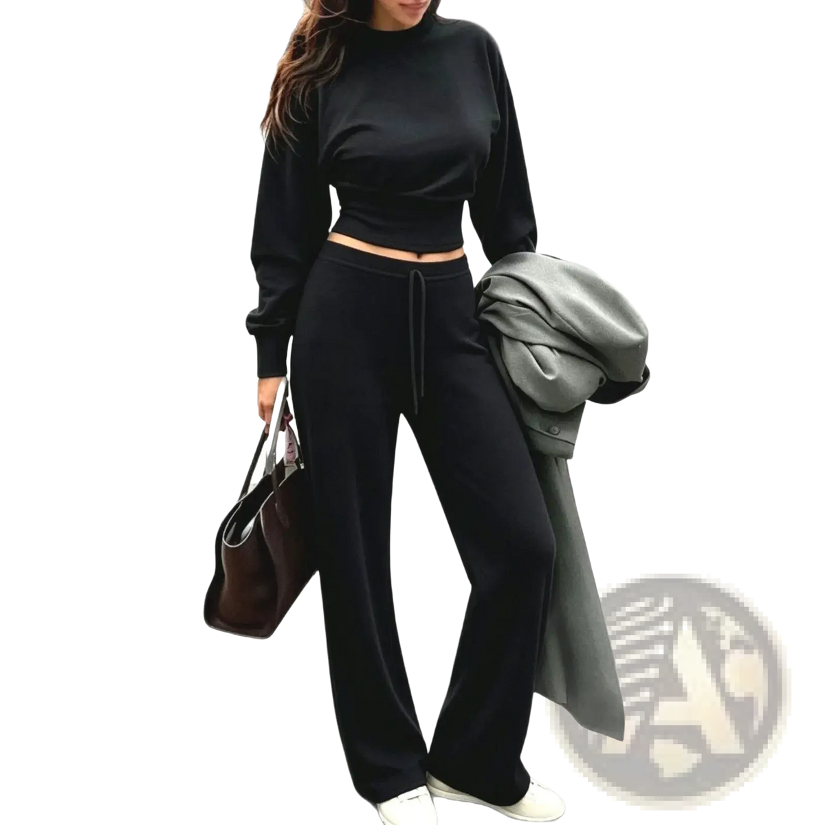 Black velour two piece set with cropped sweatshirt and wide leg pants featuring long sleeves and drawstring waist