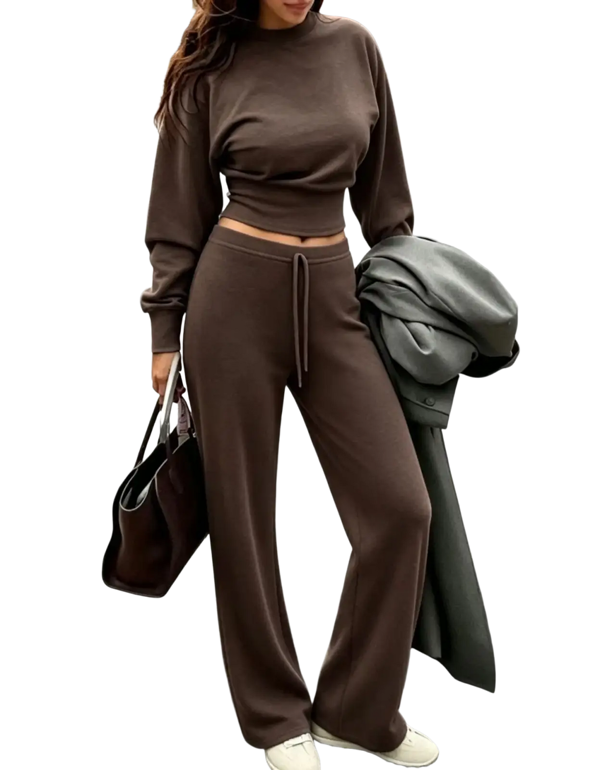 Brown two piece crop sweatshirt and wide leg pants set with long sleeves and high neckline in soft fabric