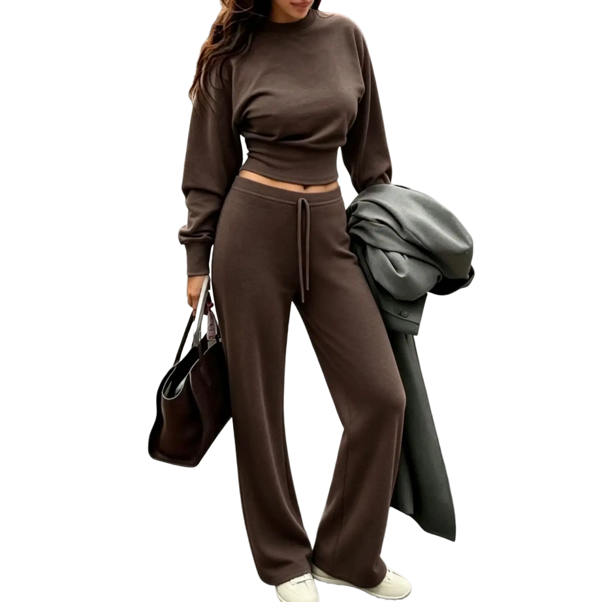 Brown two piece crop sweatshirt and wide leg joggers set made of soft fabric for casual and comfortable wear