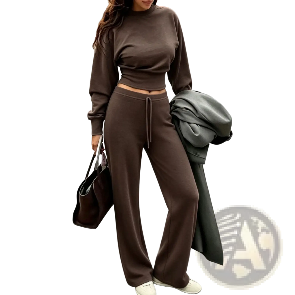 Brown two piece crop sweatshirt and wide leg joggers set made of soft fabric for casual and comfortable wear