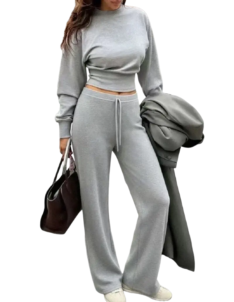 Gray cropped sweatshirt with long sleeves and drawstring waistband from two piece crop sweatshirt wide leg pants set