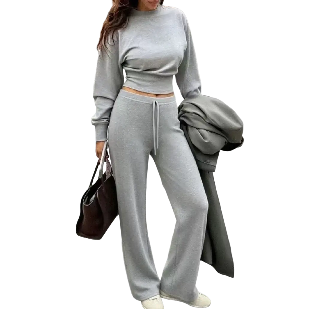 Two piece crop sweatshirt and wide leg pants set in gray cotton blend designed for casual wear