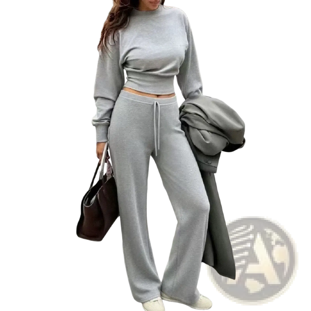 Two piece crop sweatshirt and wide leg pants set in gray cotton blend designed for casual wear