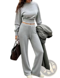 Gray cropped sweatshirt with long sleeves and drawstring waistband from two piece crop sweatshirt wide leg pants set