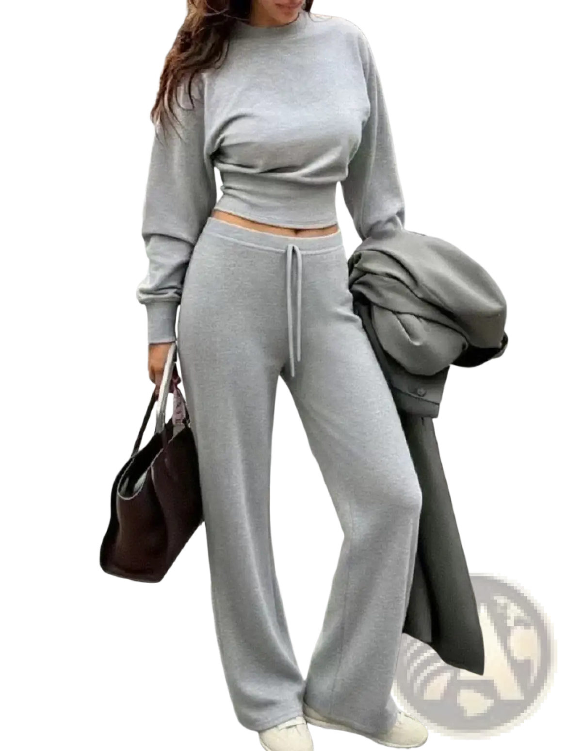 Gray cropped sweatshirt with long sleeves and drawstring waistband from two piece crop sweatshirt wide leg pants set