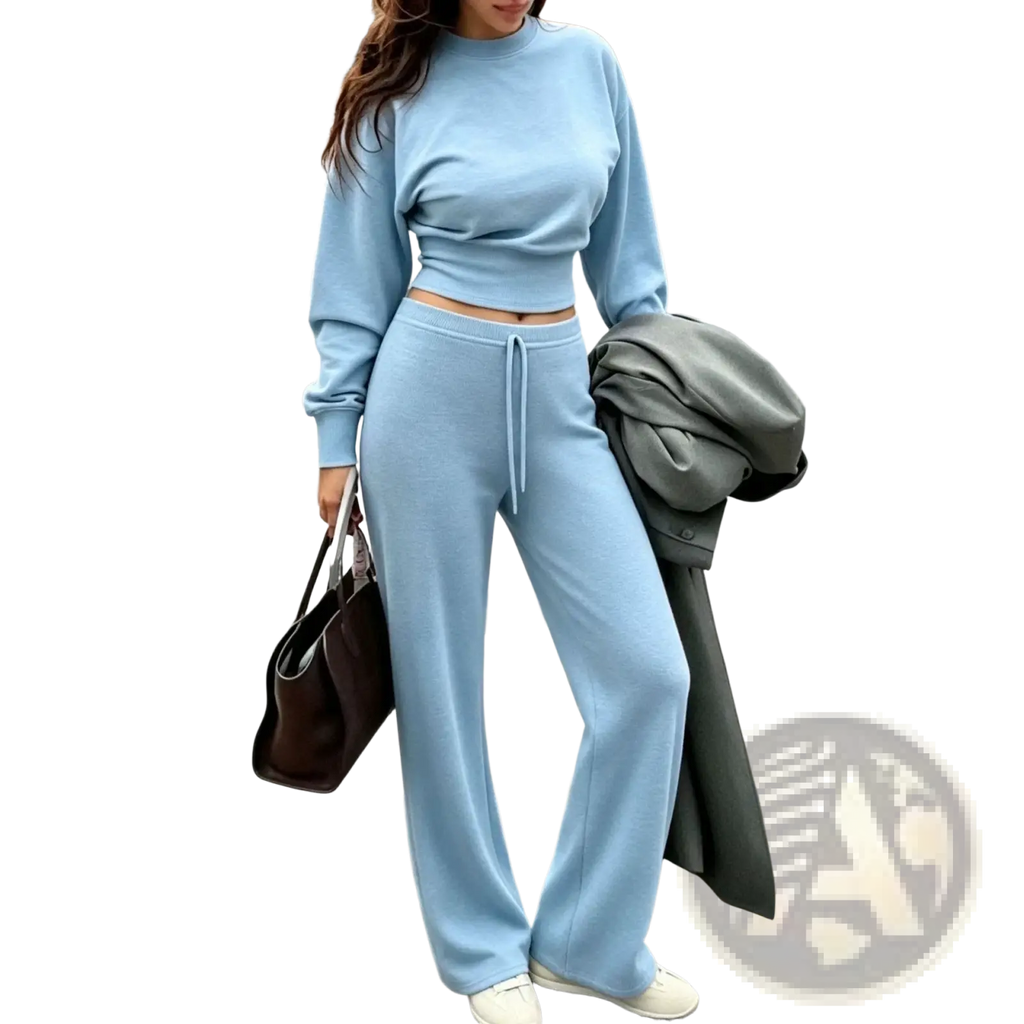 Light blue two piece crop sweatshirt and wide leg joggers set made of soft comfortable fabric for casual wear