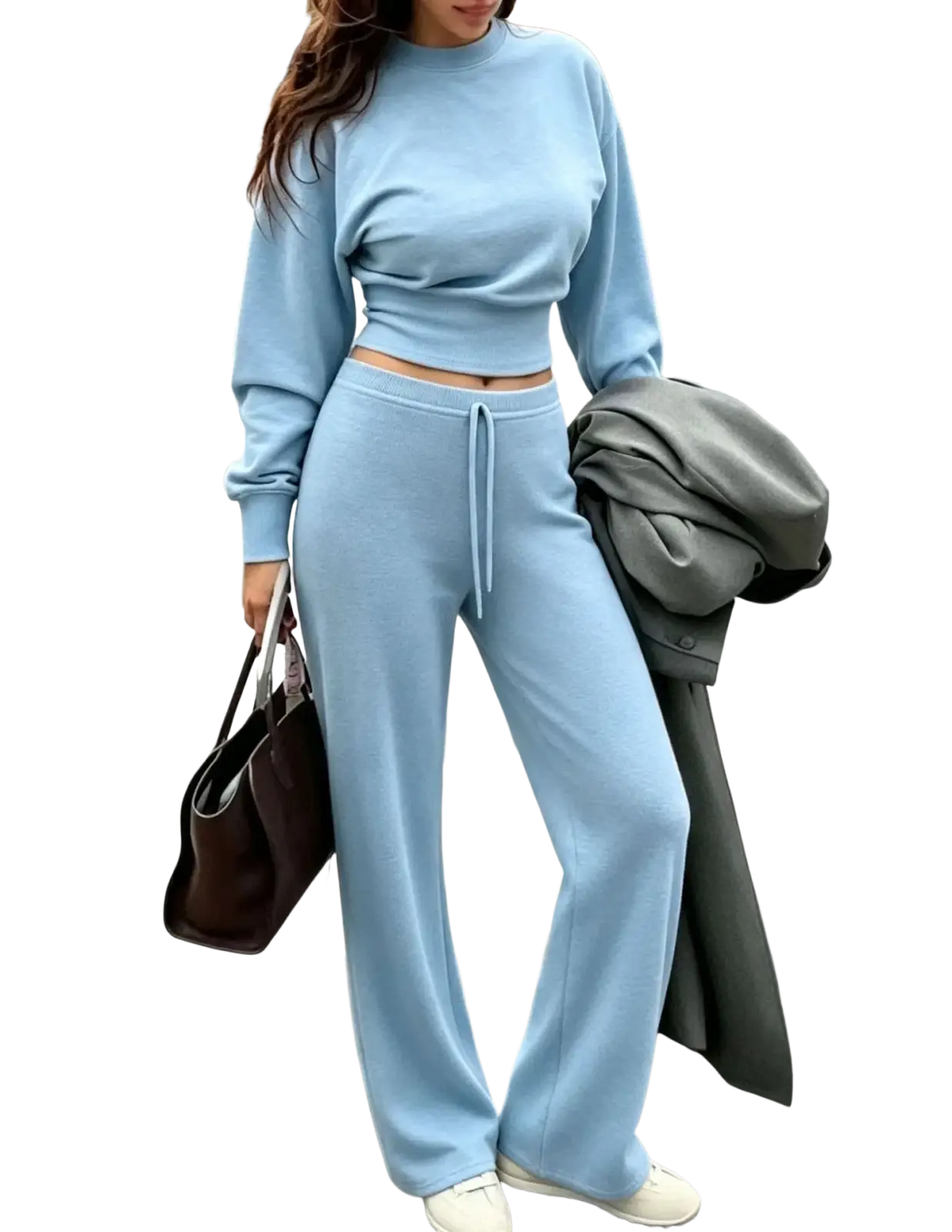 Light blue two piece crop sweatshirt and wide leg pants set made of soft fabric for casual or lounge wear