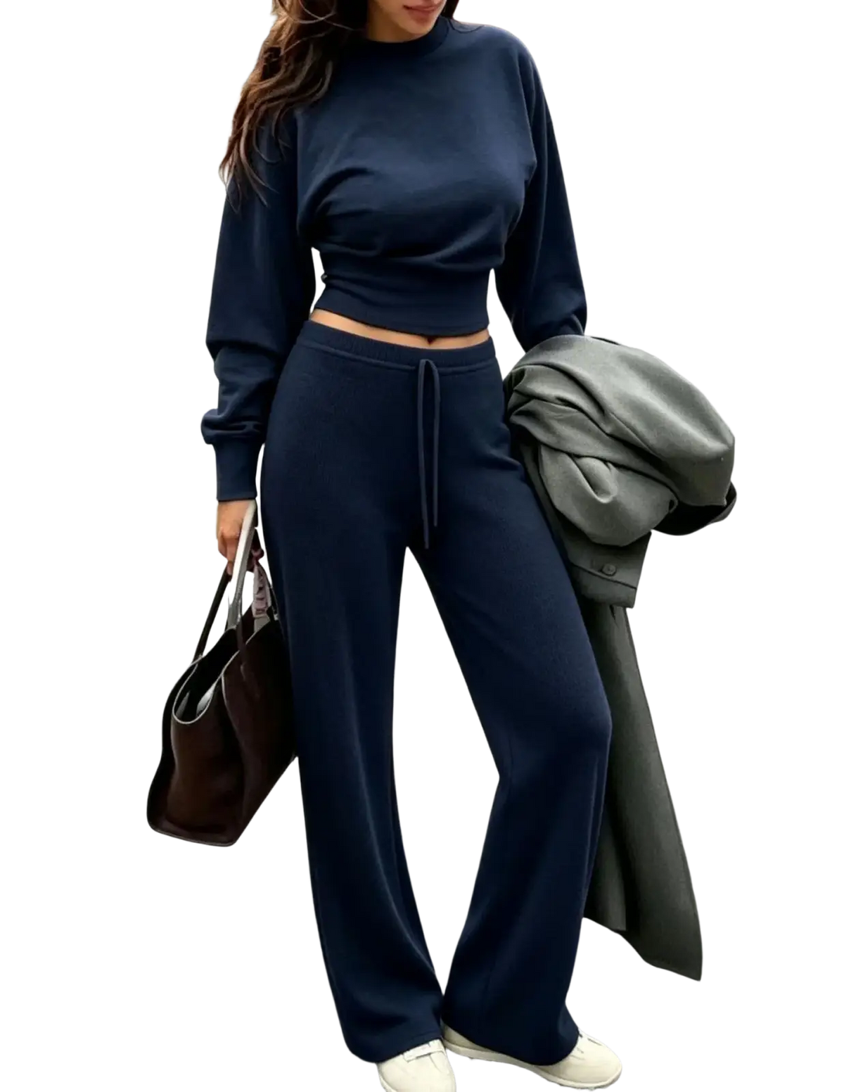 Navy blue cropped sweatshirt with long sleeves and high neckline from two piece crop sweatshirt wide leg pants set