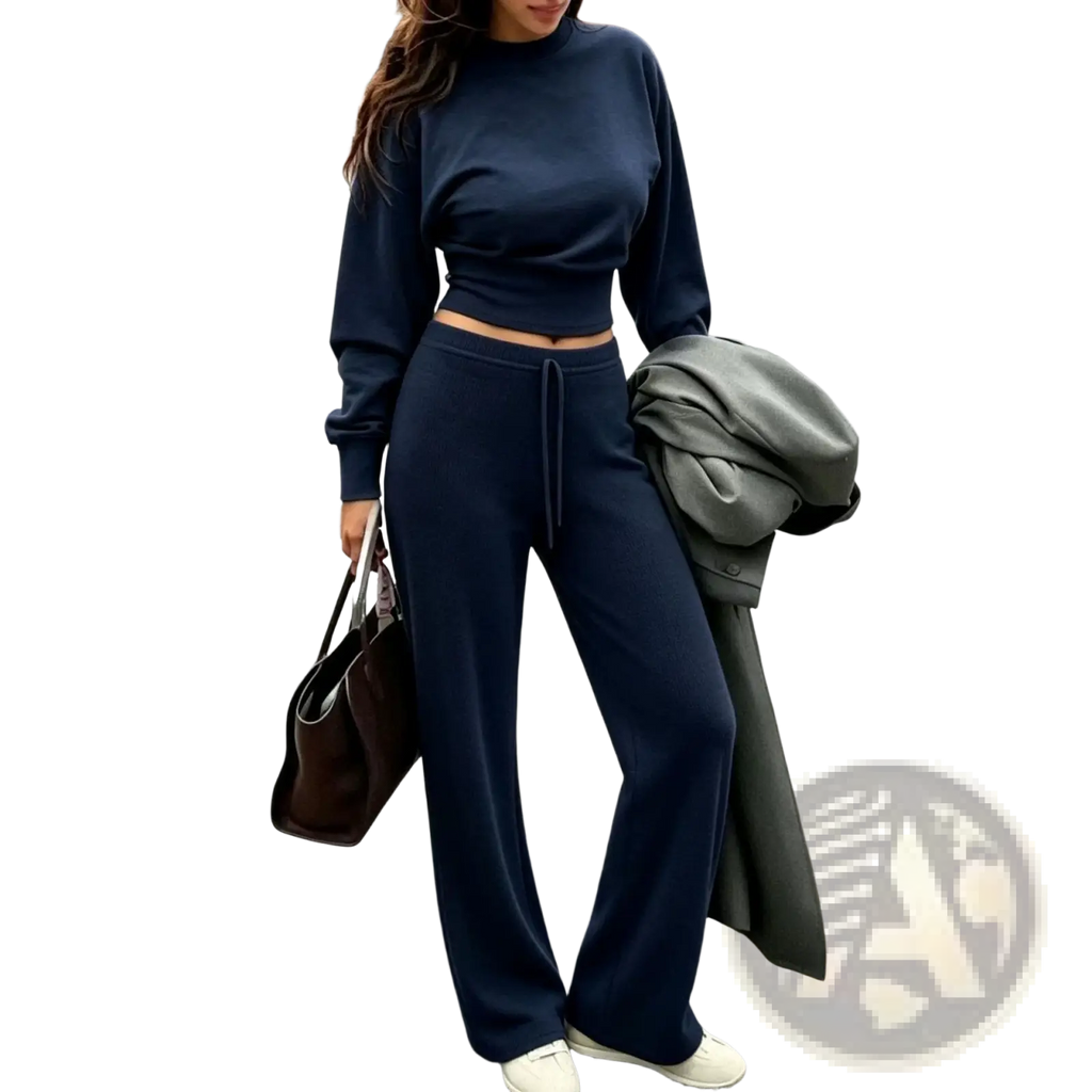Navy blue cropped sweatshirt with long sleeves and high neckline from two piece crop sweatshirt wide leg pants set