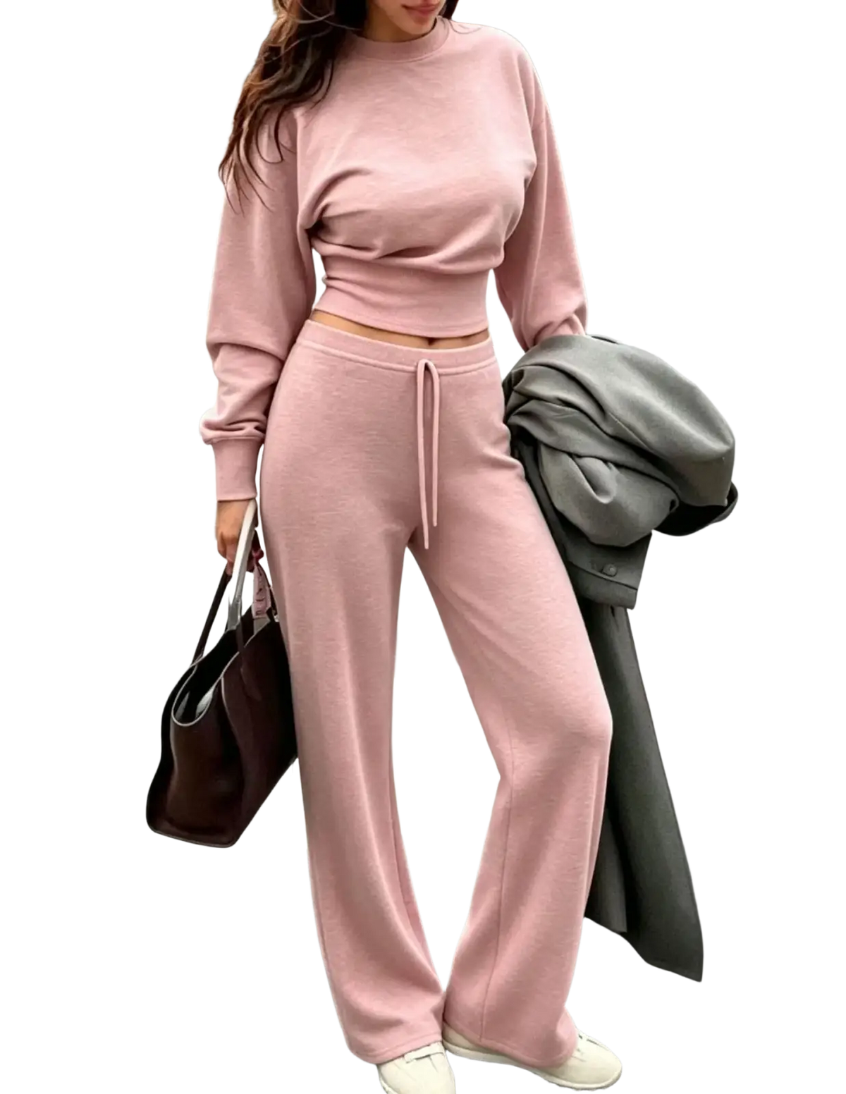 A soft pink long-sleeved cropped sweatshirt with high neckline and ribbed cuffs from a two piece crop set