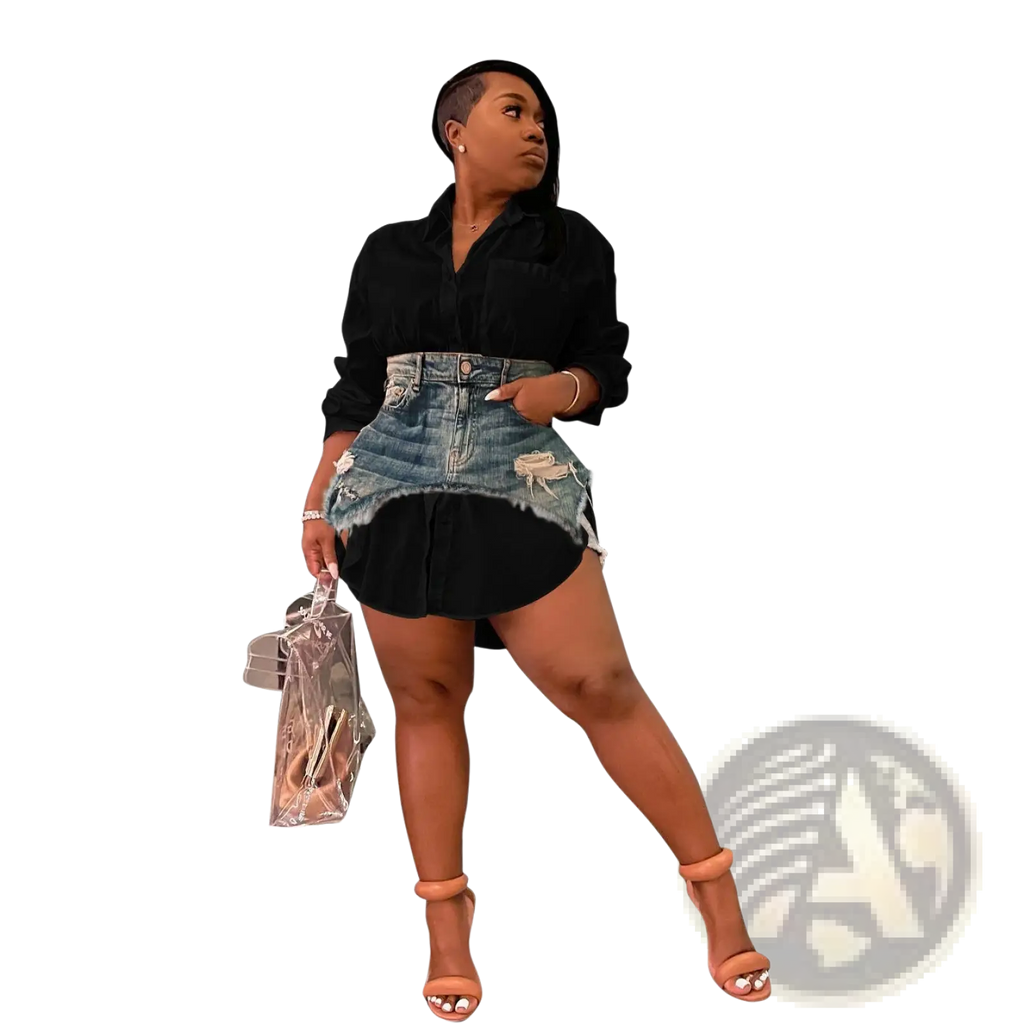 Two piece denim mini skirt and button up shirt set featuring a black distressed denim skirt with layered fabric hem