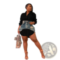 Two piece denim mini skirt and button up shirt set featuring a black distressed denim skirt with layered fabric hem