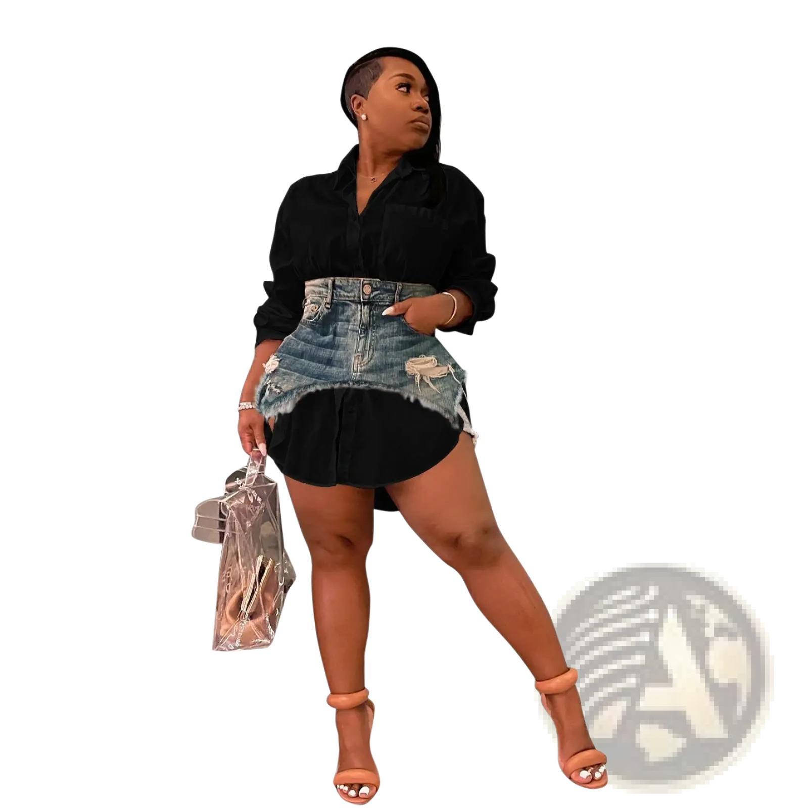 Two piece denim mini skirt and button up shirt set featuring a black distressed denim skirt with layered fabric hem