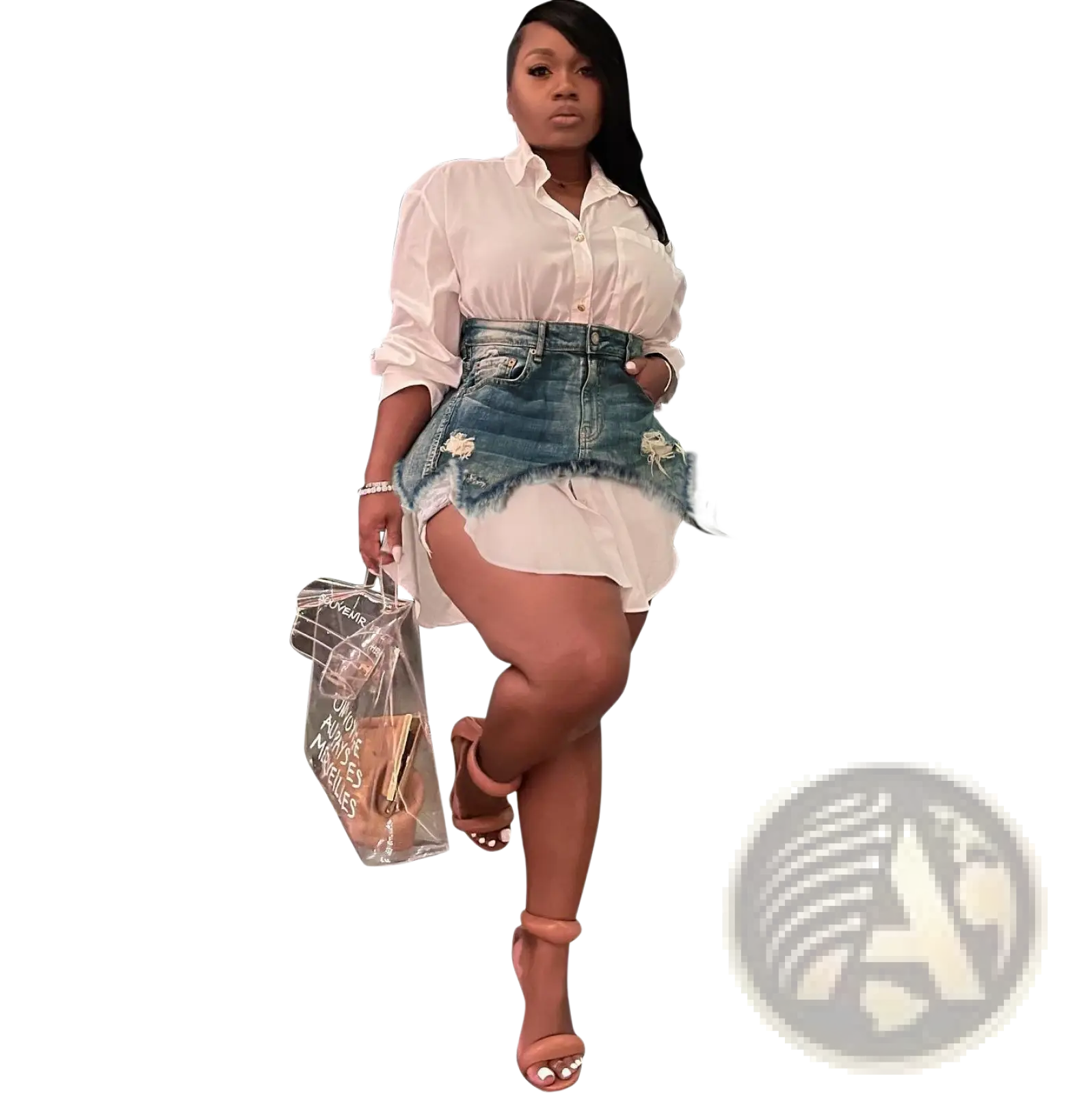 Denim mini skirt with frayed hem and distressed details in a two piece denim skirt and button up shirt set