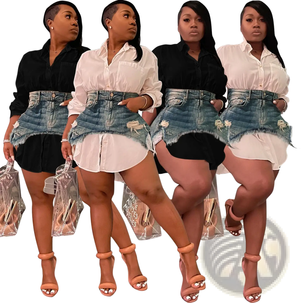 Denim mini skirt with distressed frayed hem paired with white button up shirt in two piece denim set