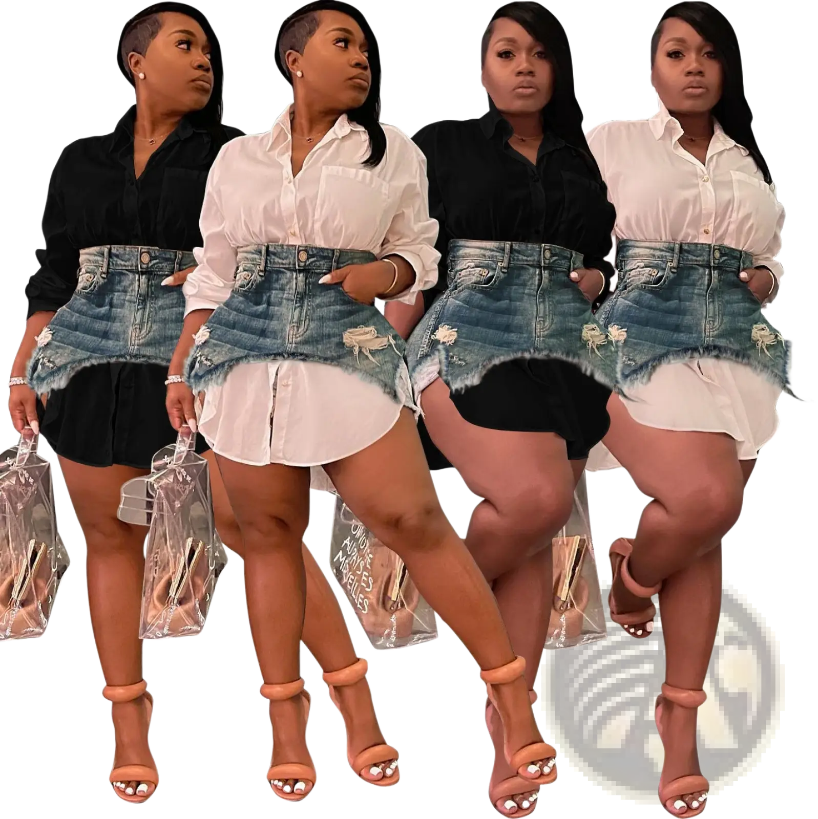 Denim mini skirt with distressed frayed hem paired with white button up shirt in two piece denim set