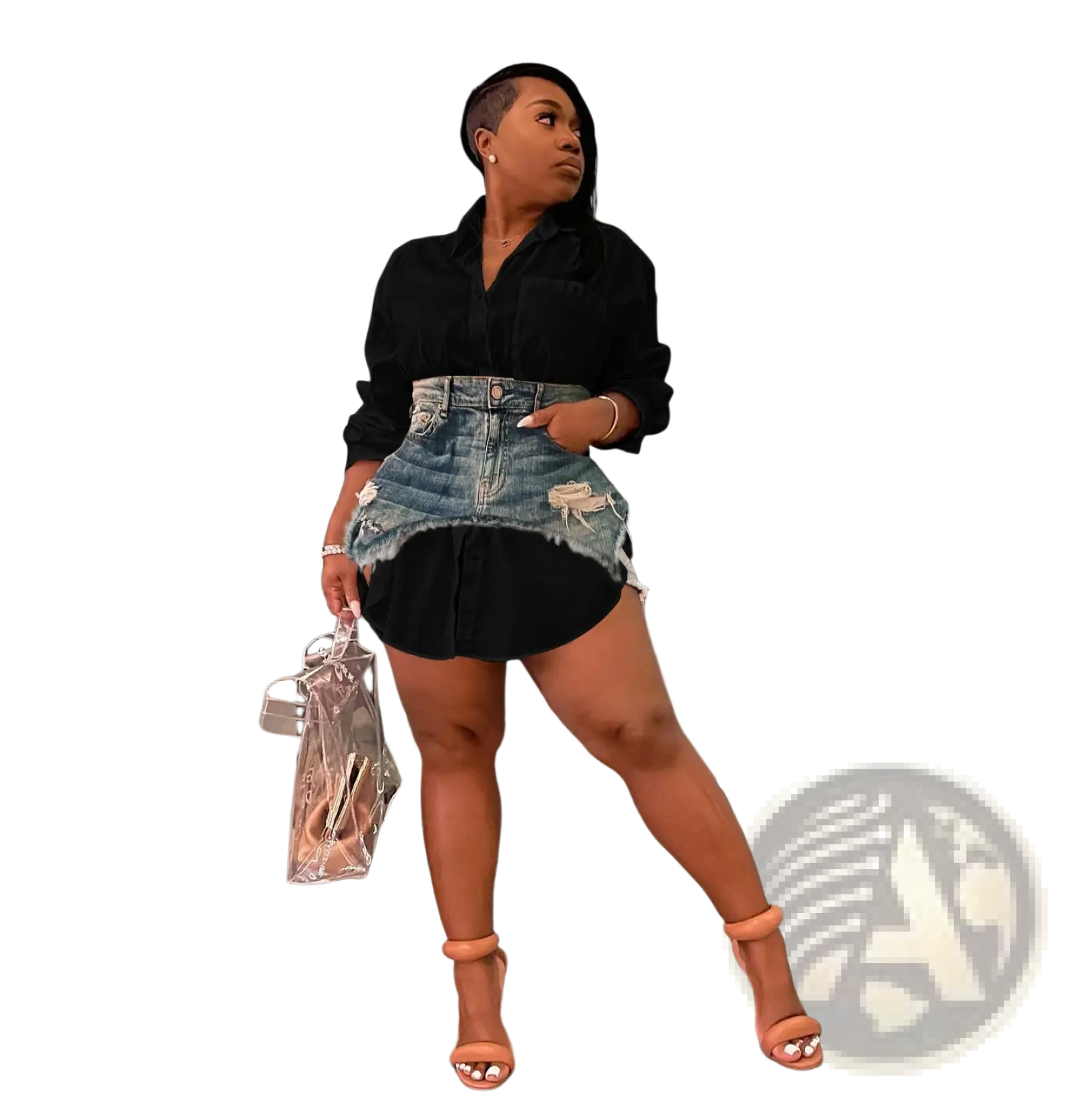 Transparent plastic handbag with clear design and metallic rose gold hardware paired with denim mini skirt set