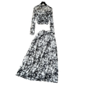 Black and white tie dye floral two piece mesh skirt set with long sleeves and elastic closure type in marble print