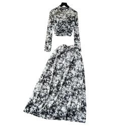 Black and white tie dye floral two piece mesh skirt set with long sleeves and elastic closure type in marble print