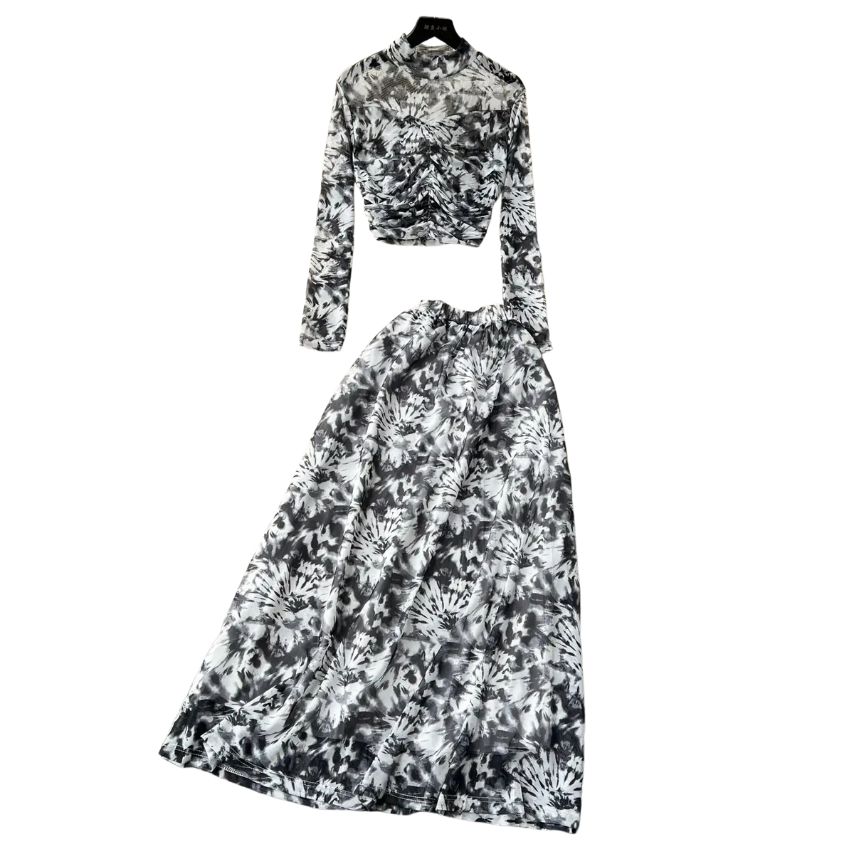 Black and white tie dye floral two piece mesh skirt set with long sleeves and elastic closure type in marble print