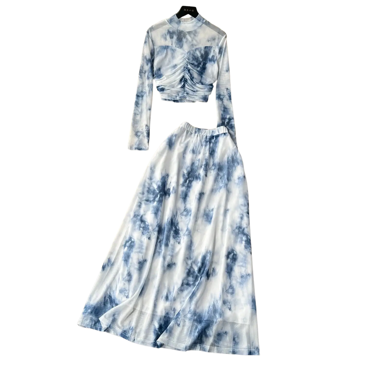Blue and white tie-dye two piece mesh skirt set with ruched crop top and elastic closure maxi skirt marble print