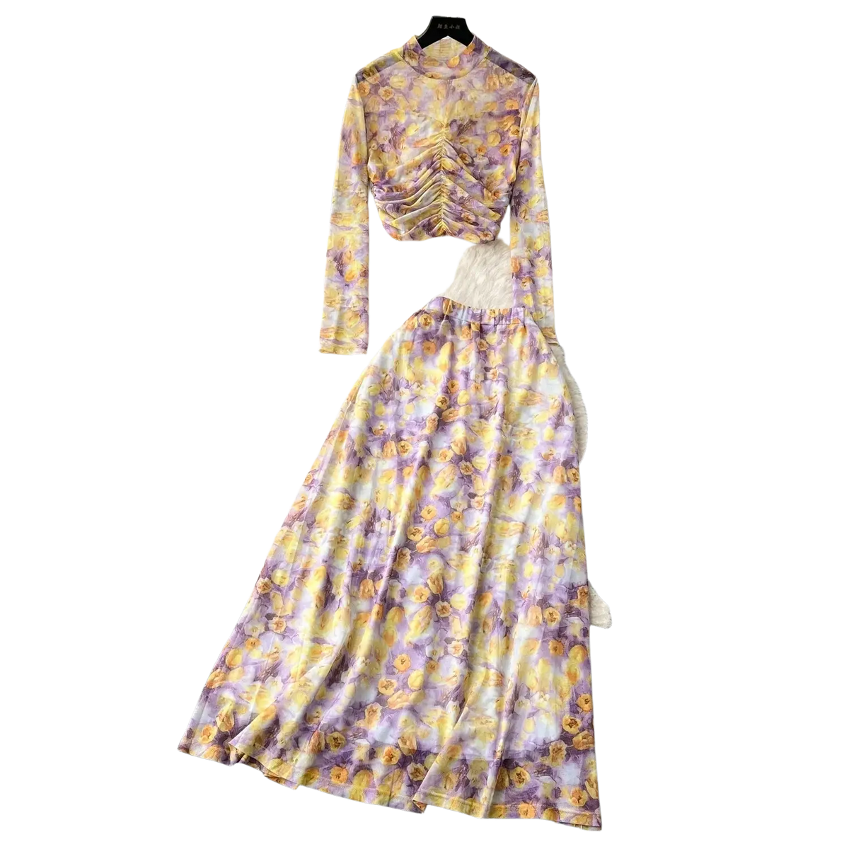 Two piece mesh skirt set in soft lavender and yellow floral print with ruched high neck top and elastic closure type