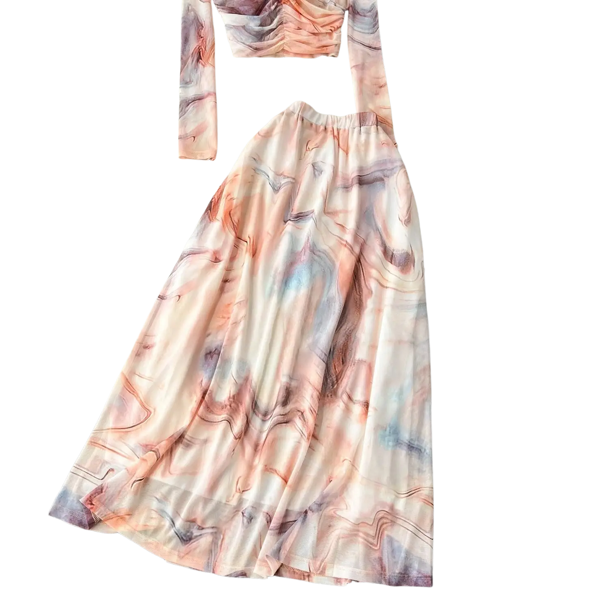 A flowing long-sleeved two piece mesh skirt set in marble print with soft pink purple and blue hues and elastic closure