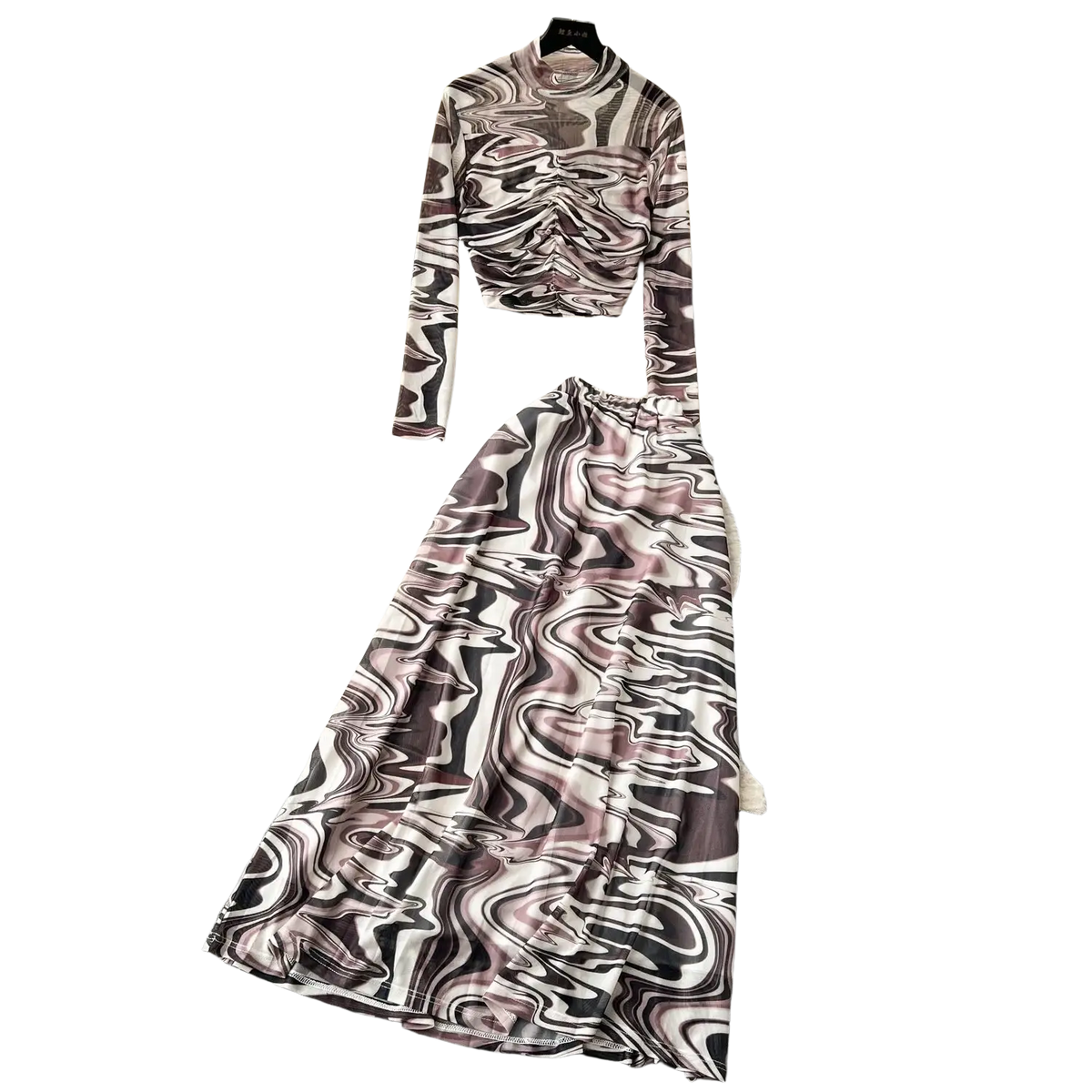 A two piece mesh skirt set with marble print in black white gray and muted pink featuring elastic closure