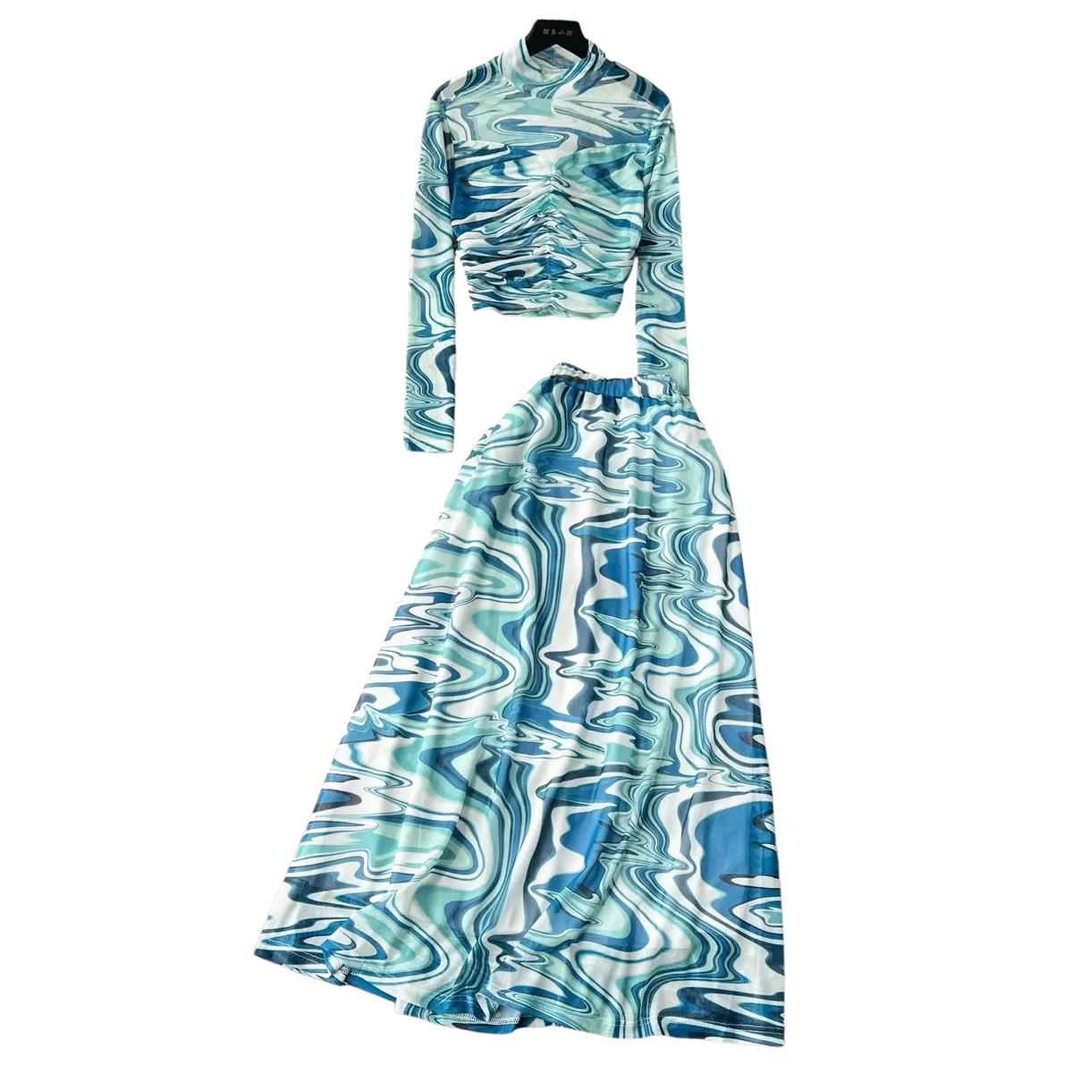 Two piece mesh skirt set with elastic closure featuring blue and white marbled print high neck top and flowing maxi skirt