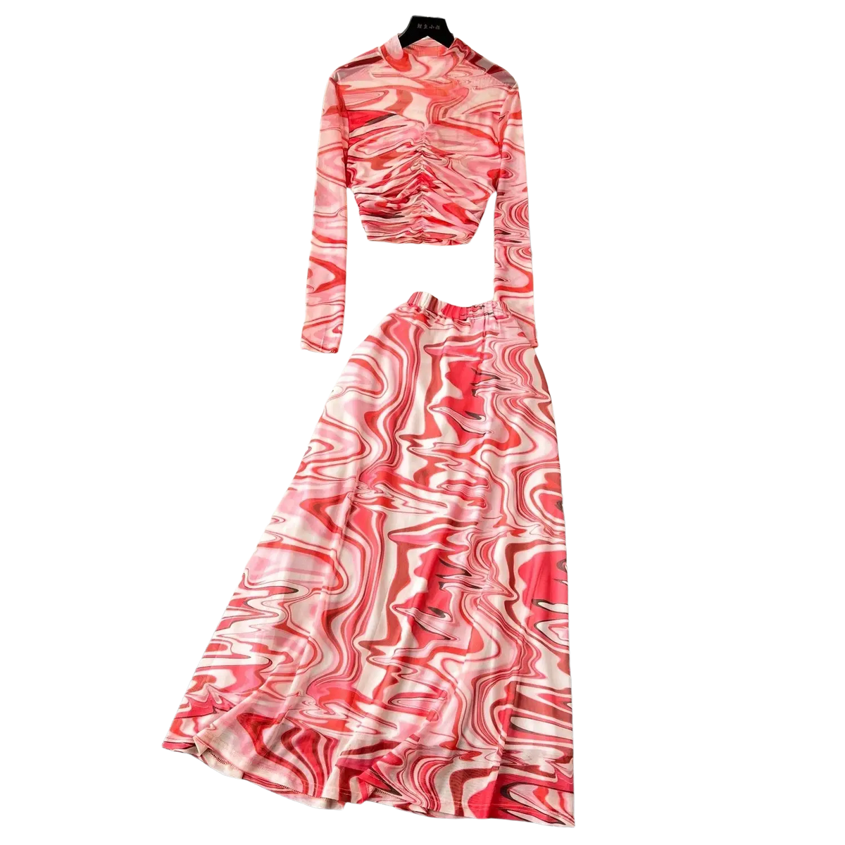 Two piece mesh skirt set with elastic closure in vibrant pink and white marbled pattern featuring ruched top and high waist skirt