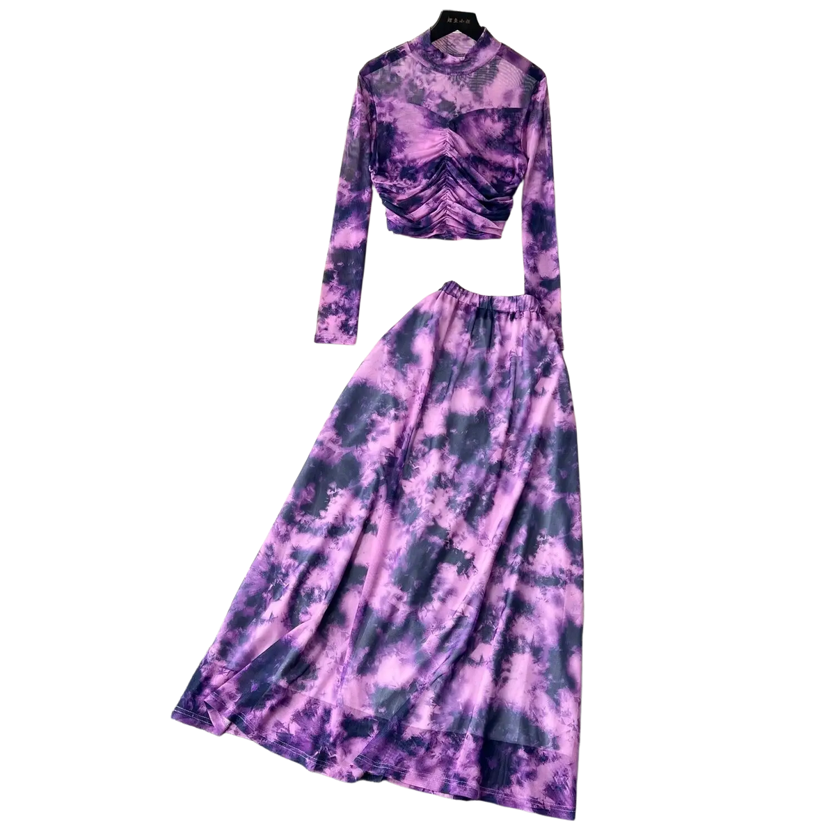 Purple and black tie-dye two-piece mesh skirt set with ruched long-sleeve top and elastic closure type detailing