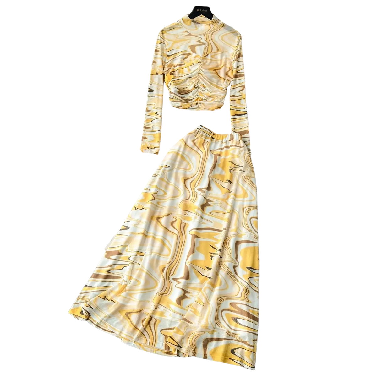 Yellow and white marbled two piece mesh skirt set with ruched detail and elastic closure type