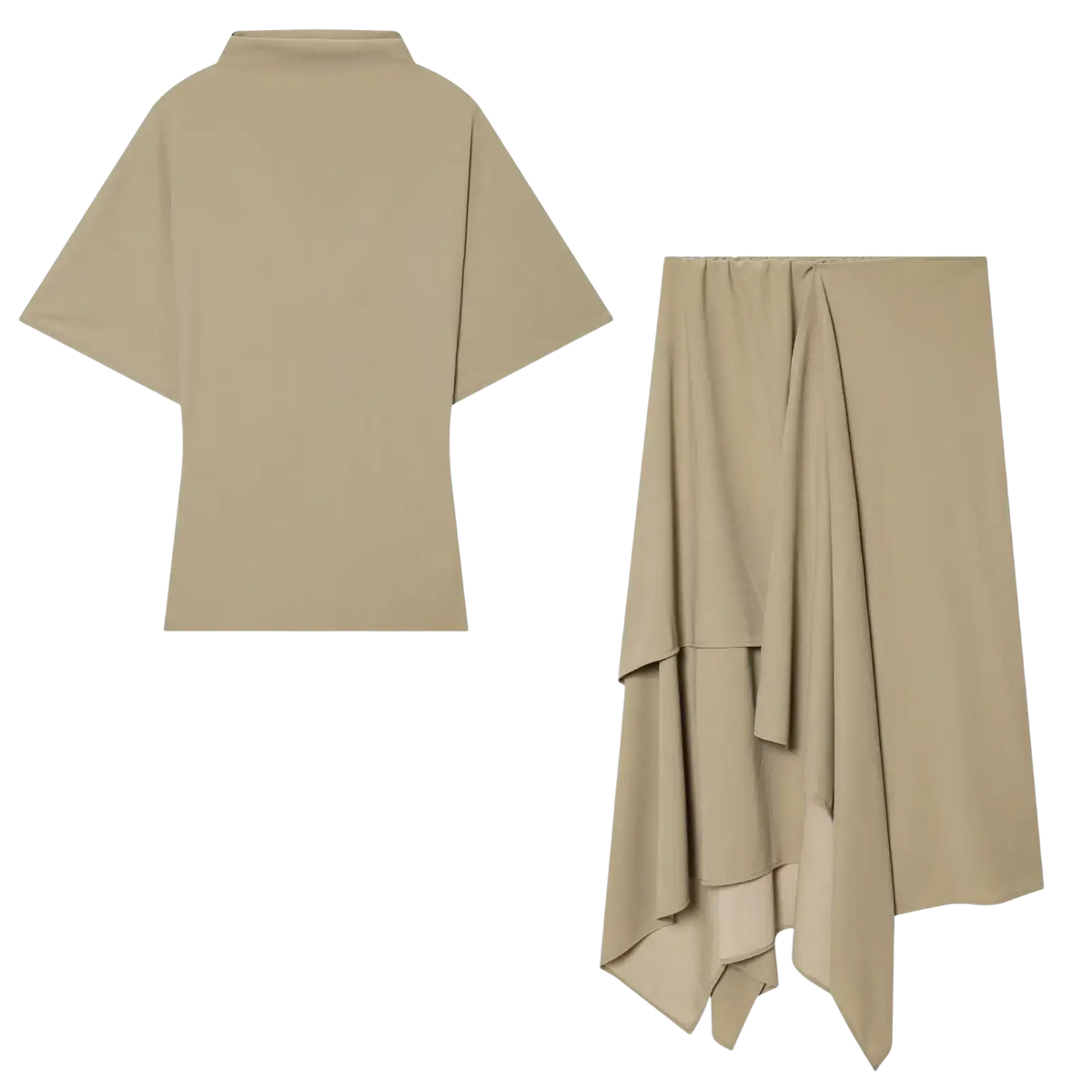 Beige asymmetrical high waisted midi skirt with layered draped fabric in elegant two piece skirt set