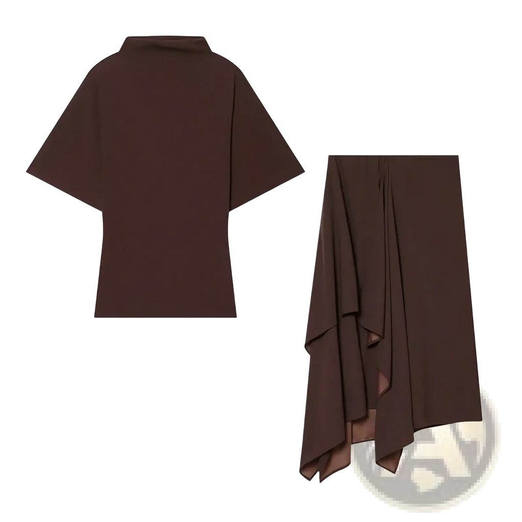 Brown asymmetrical two-piece midi skirt set with flowing fabric and high neckline for elegant occasions