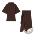 Brown asymmetrical two-piece midi skirt set with flowing fabric and high neckline for elegant occasions