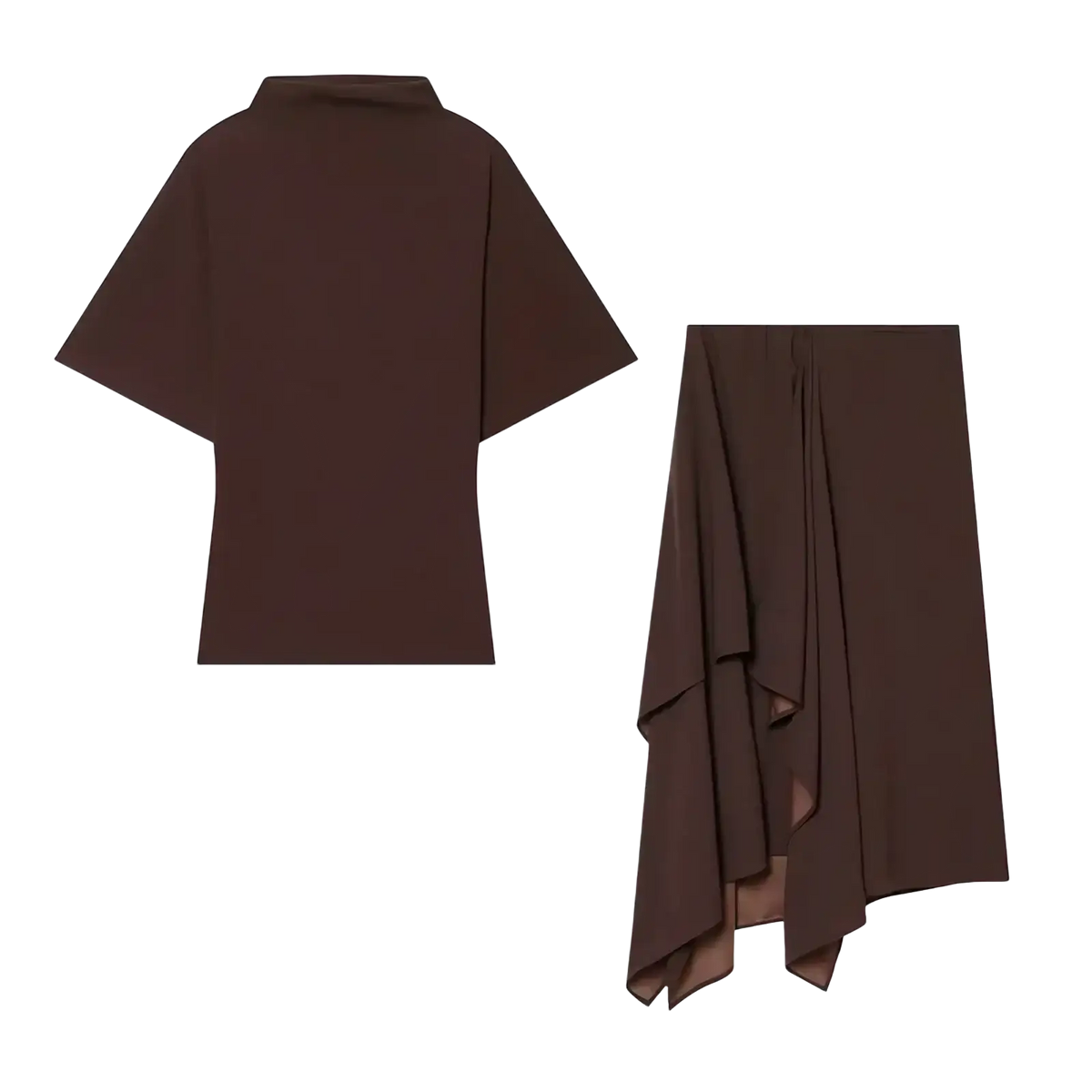 Minimalist brown two piece midi skirt set with loose short sleeve top and asymmetrical smooth fabric skirt
