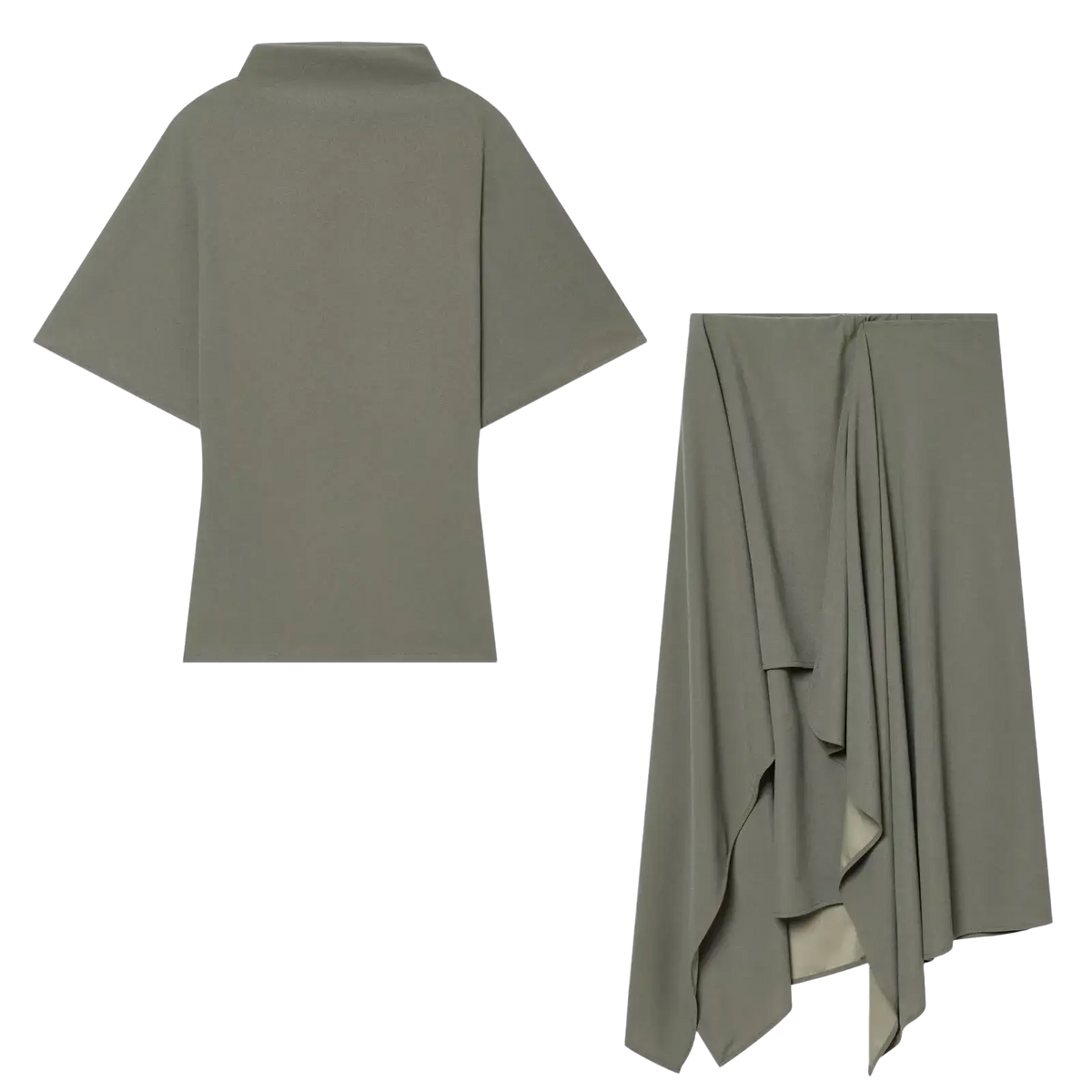 Olive green asymmetrical two piece midi skirt set with loose short sleeve top and flowing layered hem skirt