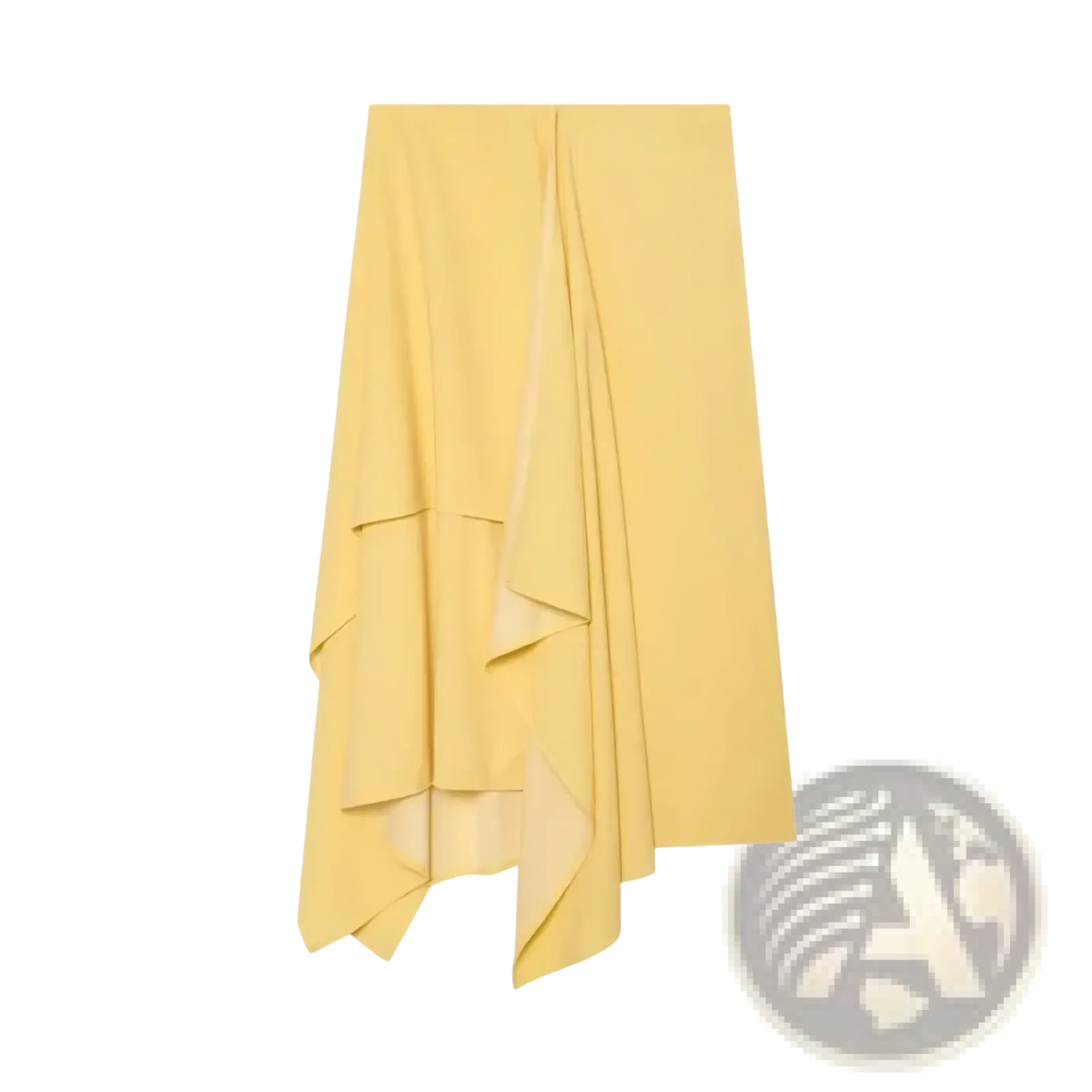 A pale yellow asymmetrical midi skirt with layered draped fabric and flowing silhouette from two piece midi skirt set elegant outfit