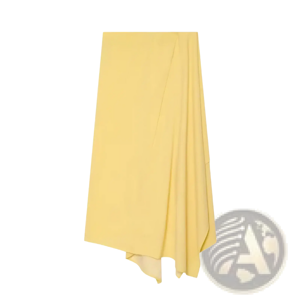 A pale yellow asymmetrical wrap midi skirt with smooth flowing fabric and subtle side pleats from a two piece set
