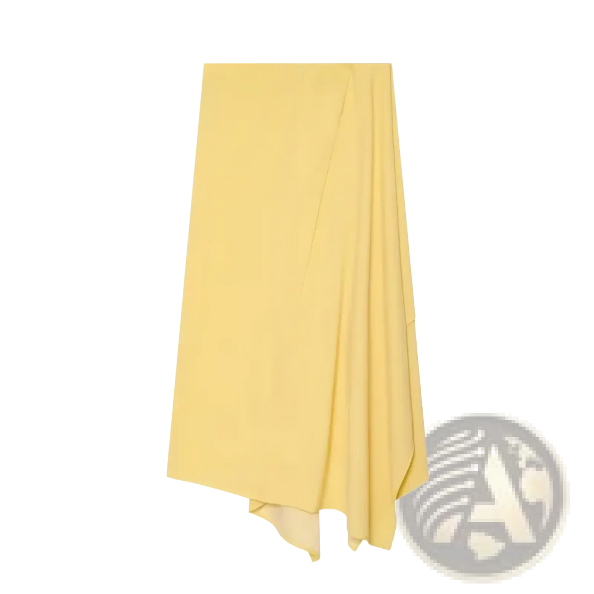 A pale yellow asymmetrical wrap midi skirt with smooth flowing fabric and subtle side pleats from a two piece set