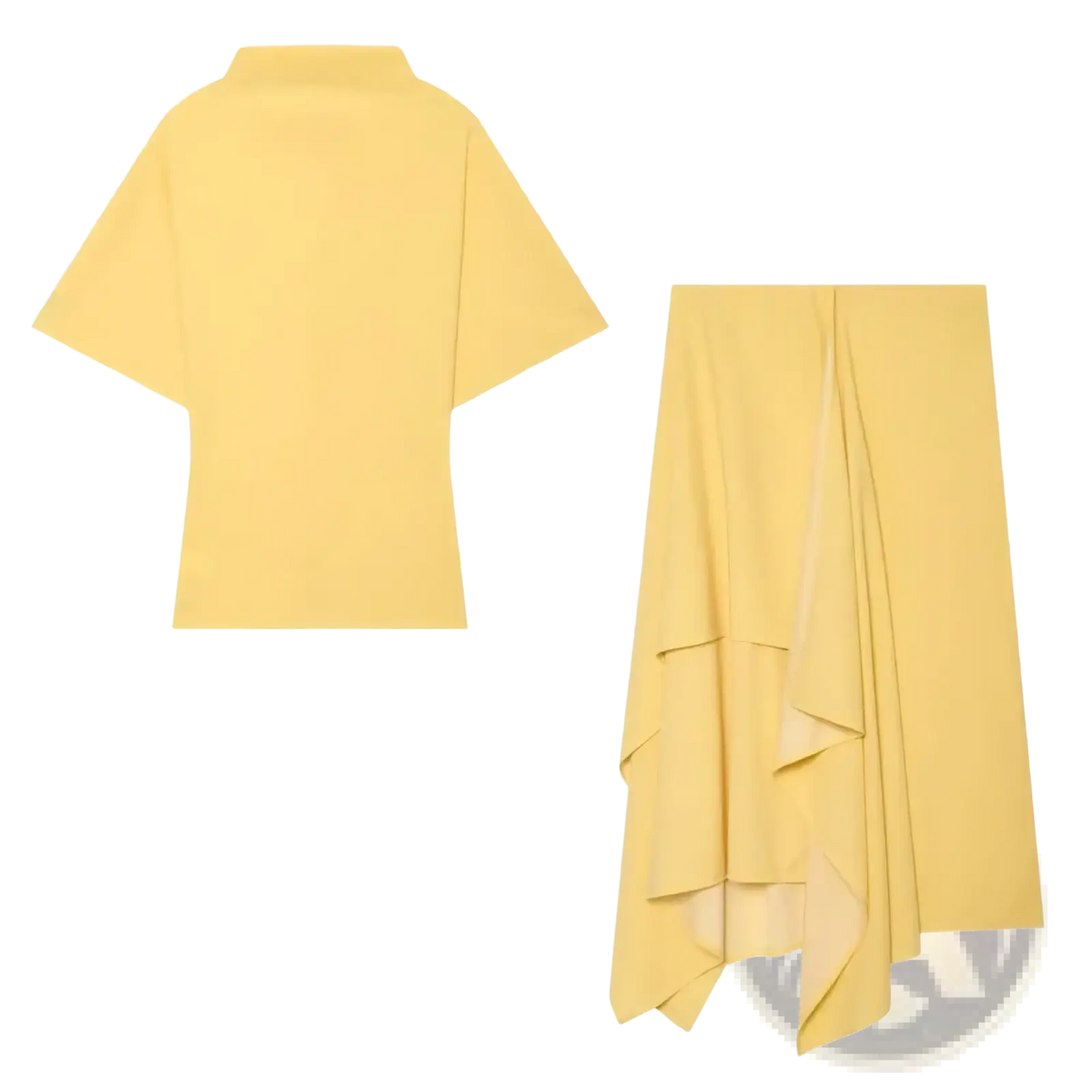 A pale yellow two piece midi skirt set featuring a loose short sleeve top and an asymmetrical ruffle skirt