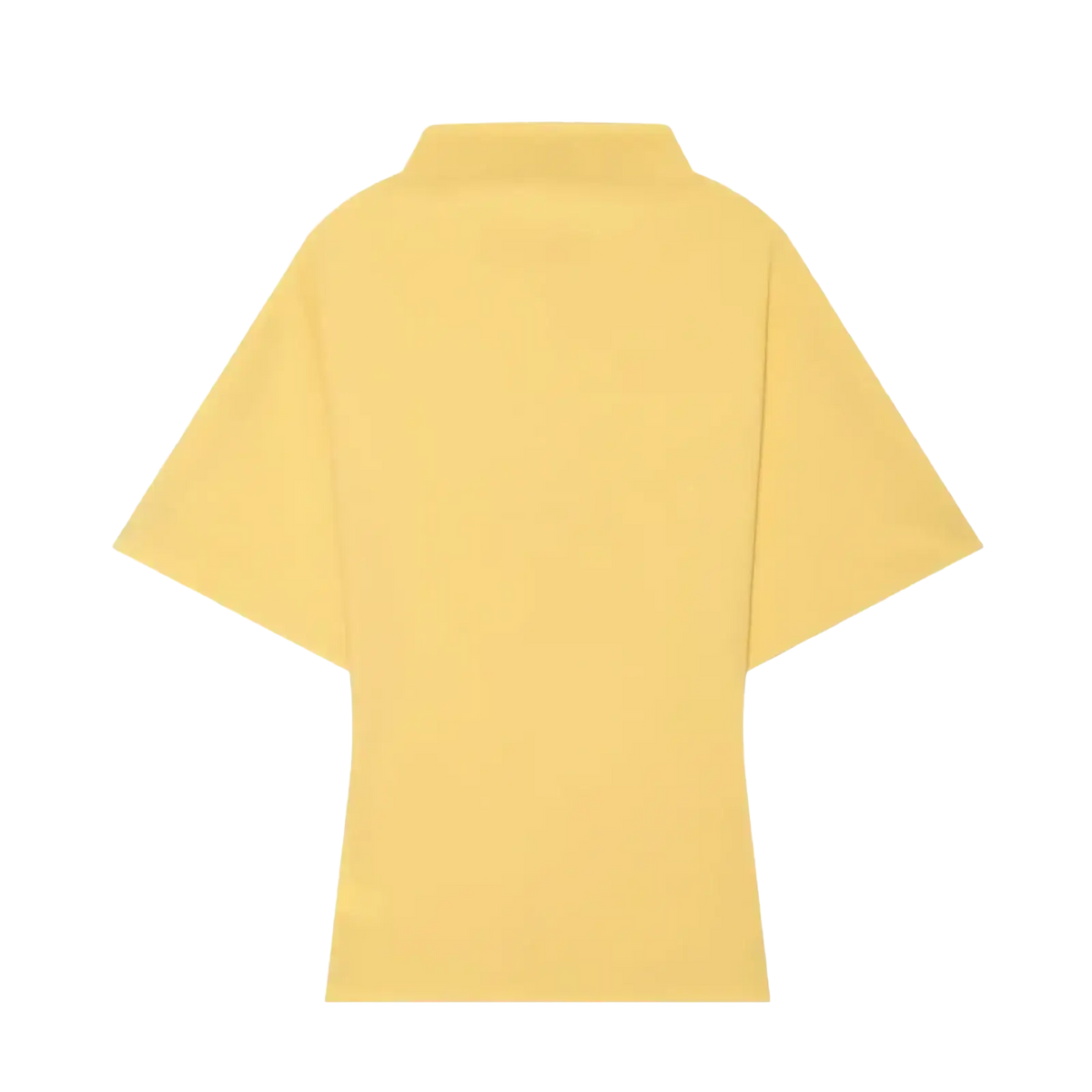 A pale yellow short-sleeved top with a relaxed fit and high neckline part of an elegant two piece midi skirt set