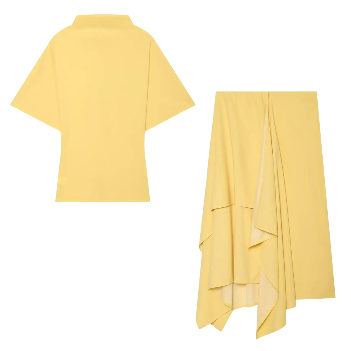 A soft yellow two-piece midi skirt set with a loose short-sleeve top and asymmetrical layered ruffle skirt