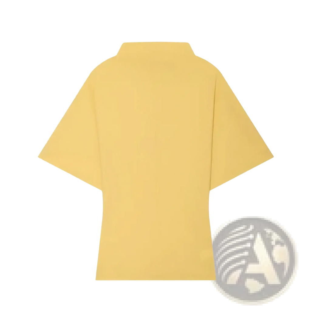 A soft yellow minimalist short-sleeved top with relaxed fit and clean lines from a two piece midi skirt set elegant outfit