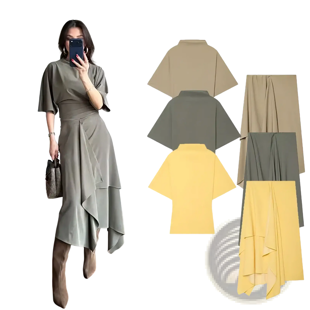 A stylish olive green asymmetrical wrap dress with high neckline and short flowing sleeves in an elegant two piece midi skirt set