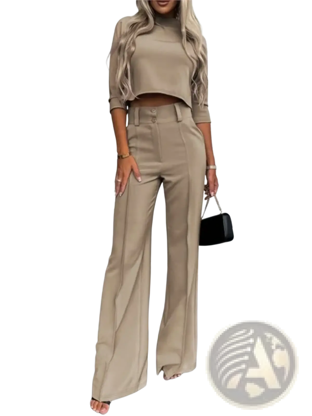 Beige high-waisted wide-leg tailored trousers with front button closure from two piece office suit crop top set