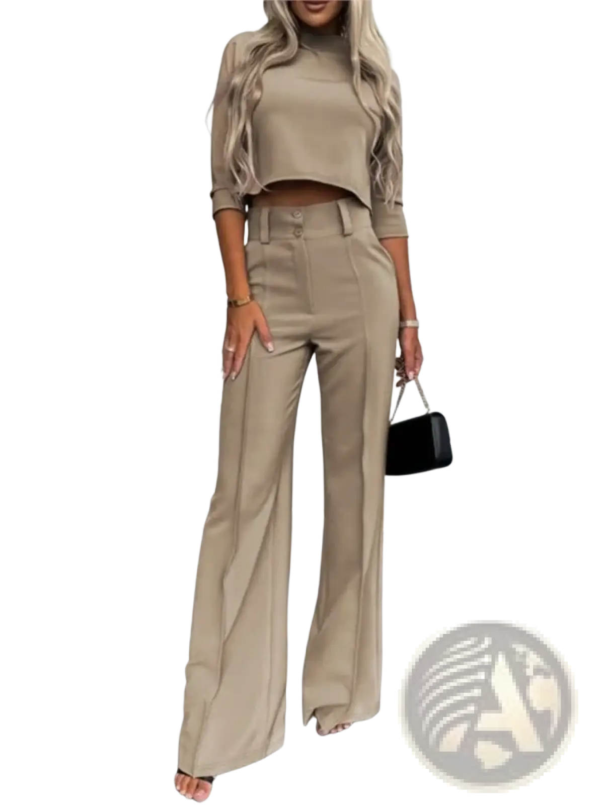 Beige high-waisted wide-leg tailored trousers with front button closure from two piece office suit crop top set